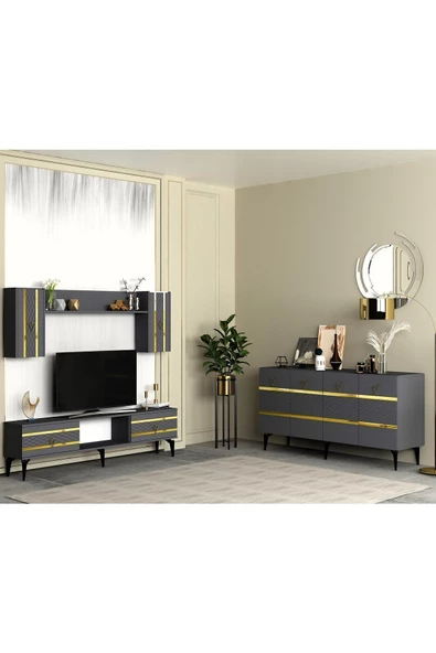 DEMONTE DECOR PELİN TV ÜNİTESİ ve KONSOL 2'Lİ SALON TAKIMI ANTRASİT-ALTIN