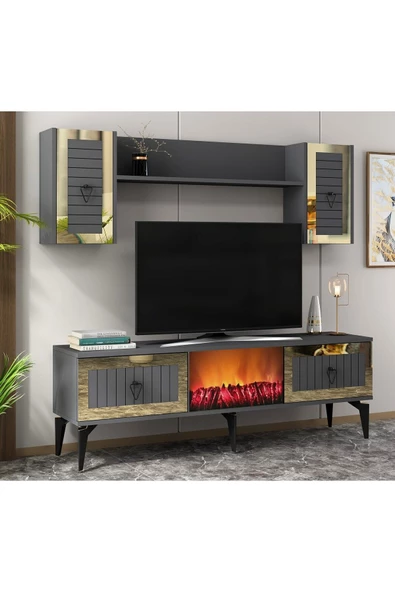 DEMONTE DECOR LİİNDA TV ÜNİTESİ ŞÖMİNELİ TAKIM ANTRASİT-ALTIN - 3