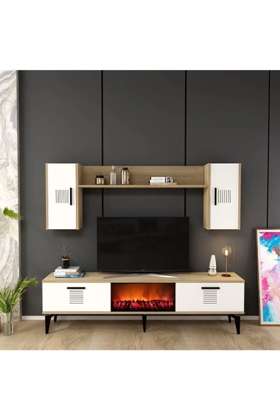 DEMONTE DECOR ASİMO TV ÜNİTESİ ŞÖMİNELİ TAKIM SAFİRMEŞE BEYAZ
