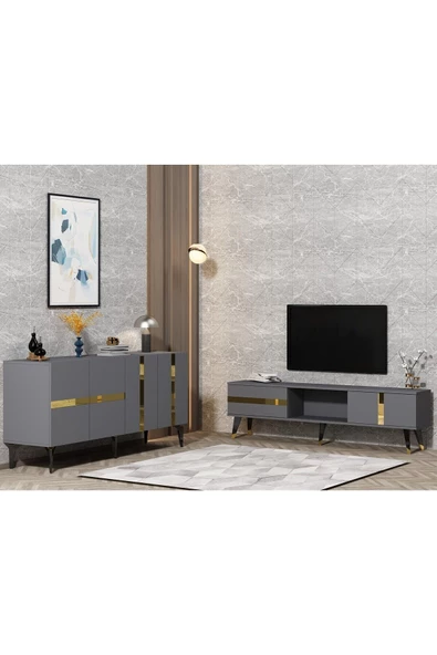 DEMONTE DECOR VANİA TV SEHPASI ve KONSOL 2'li SALON TAKIMI ANTRASİT-ALTIN
