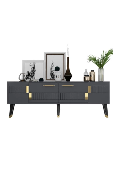 DEMONTE DECOR 2 Raflı, Kapaklı 150 Cm Moda Tv Ünitesi Antrasit-altın - 2