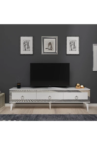 DEMONTE DECOR Ponny 180 Cm Tv Sehpası Beyaz Gümüş