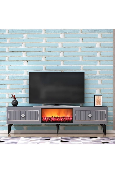 DEMONTE DECOR FLLAME ŞÖMİNELİ TV SEHPASI (ALT MODÜL) ANTRASİT-GÜMÜŞ