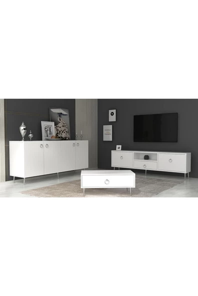 DEMONTE DECOR DROP TV ÜNİTESİ,KONSOL ve ORTA SEHPA 3'LÜ SALON TAKIMI BEYAZ-GÜMÜŞ