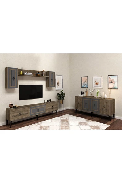 DEMONTE DECOR Asya 180 Cm Tv Ünitesi Ve Konsol 2'li Salon Takımı Ceviz-antrasit-ceviz