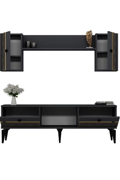 DEMONTE DECOR ALLEGRO TV ÜNİTESİ TAKIMI ANTRASİT-ALTIN (CEVİZ DESEN) - 6