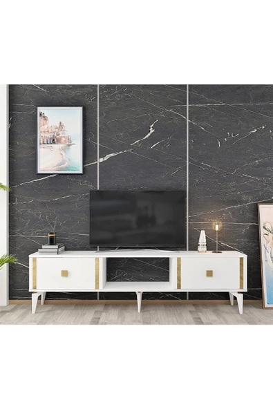 DEMONTE DECOR DORUK TV SEHPASI BEYAZ ALTIN
