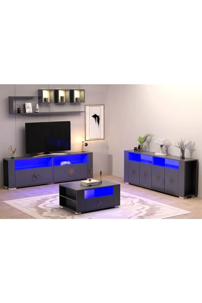 DEMONTE DECOR KLEİN LED AYDINLATMALI ,SPOT IŞIKLI  TV ÜNİTESİ, ORTA SEHPA VE KONSOL SALON TAKIMI ANTRASİT-ALTIN