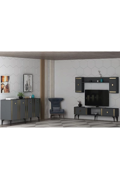 DEMONTE DECOR Doruk Tv Ünitesi Ve Konsol 2'li Salon Takımı Antrasit-altın