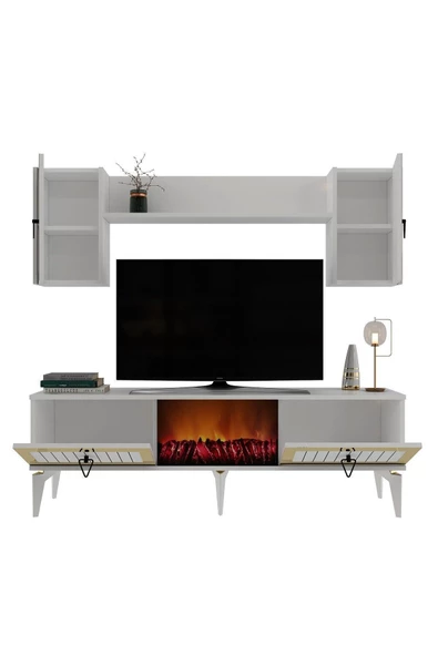 DEMONTE DECOR Linda Şömineli Tv Ünitesi Ve Şömineli Konsol 2'li Salon Takimi Beyaz-altin - 7