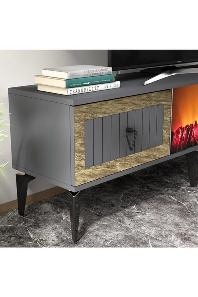 DEMONTE DECOR LİİNDA TV ÜNİTESİ ŞÖMİNELİ TAKIM ANTRASİT-ALTIN - 4