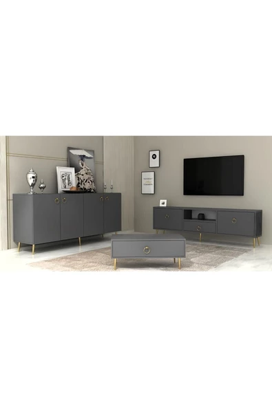 DEMONTE DECOR DROP TV ÜNİTESİ,KONSOL ve ORTA SEHPA 3'LÜ SALON TAKIMI ANTRASİT-ALTIN