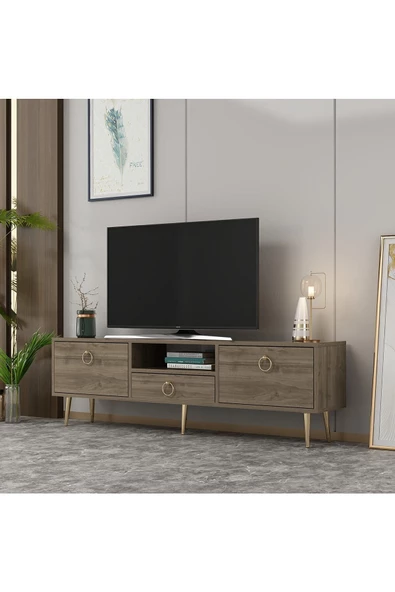 DEMONTE DECOR 2 Kapaklı, Raflı Ve Çekmeceli Drop Tv Ünitesi Ceviz Altın