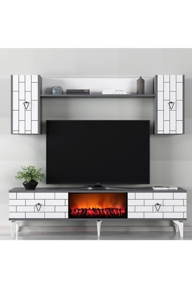 DEMONTE DECOR VARNA TV ÜNİTESİ TAKIM ŞÖMİNELİ ANTRASİT BEYAZ