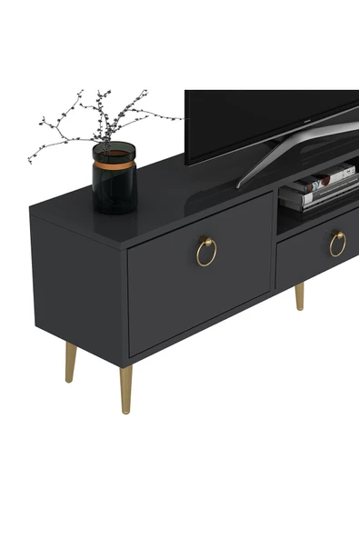 DEMONTE DECOR 2 Kapaklı Raflı Ve Çekmeceli Drop Tv Sehpası Tv Ünitesi Antrasit-altın - 4