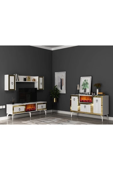DEMONTE DECOR Linda Şömineli Tv Ünitesi Ve Şömineli Konsol 2'li Salon Takimi Beyaz-altin