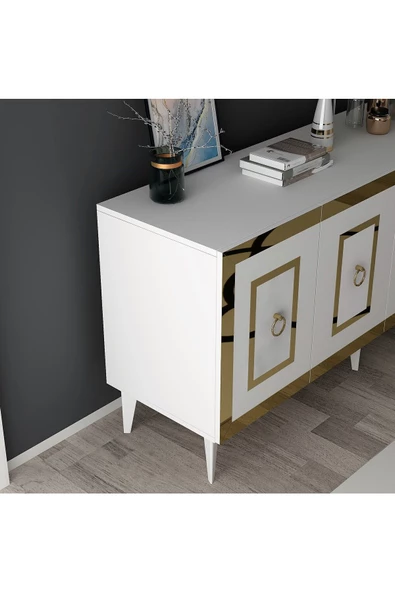 DEMONTE DECOR Karya 180 Cm Tv Ünitesi Ve Konsol 2'li Salon Takımı Beyaz-altın - 4