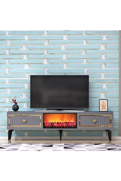 DEMONTE DECOR FLLAME ŞÖMİNELİ TV SEHPASI (ALT MODÜL) ANTRASİT-ALTIN