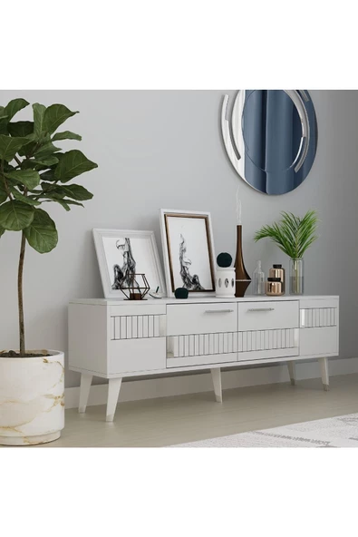 DEMONTE DECOR 2 Raflı, Kapaklı 150 Cm Moda Tv Ünitesi Beyaz-gümüş