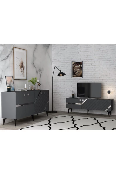 DEMONTE DECOR Iris Tv Sehpası Ve Konsol 2'li Salon Takımı Antrasit-gümüş
