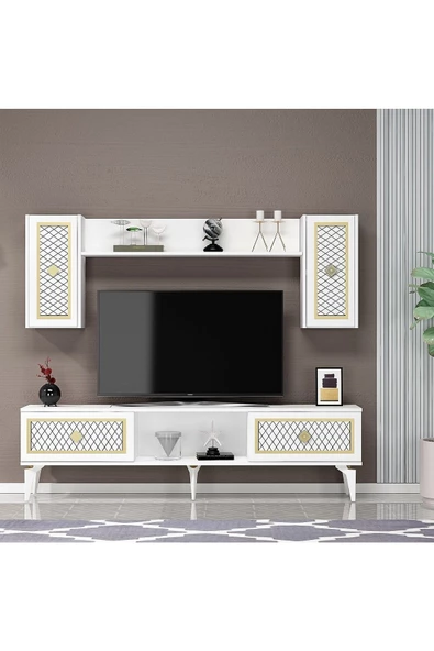 DEMONTE DECOR 4 Kapaklı, 2 Raflı Herry Tv Ünitesi Takım Beyaz-altın