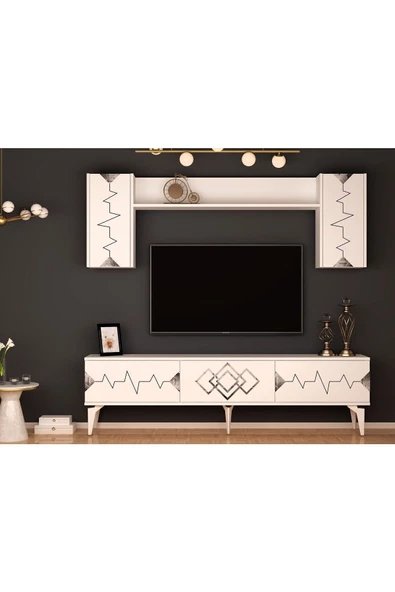 DEMONTE DECOR Ritim 180 Cm Tv Ünitesi Takımı Beyaz-gümüş