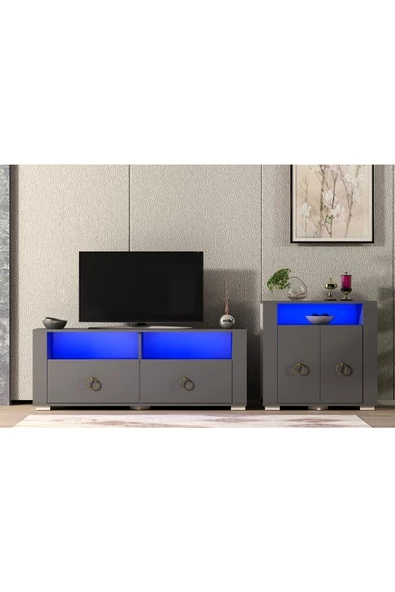DEMONTE DECOR KLEİN TV DOLAP, TV SEHPASI TAKIMI ANTRASİT-ALTIN