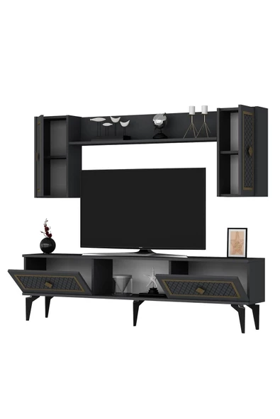 DEMONTE DECOR 4 Kapaklı, 2 Raflı Herry Tv Ünitesi Takım Antrasit-altın - 7