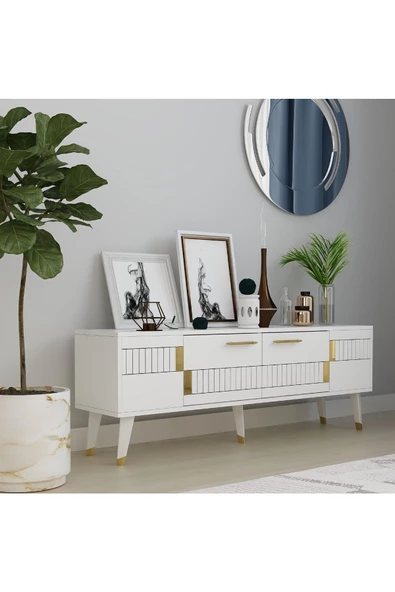 DEMONTE DECOR 2 Raflı, Kapaklı 150 Cm Moda Tv Ünitesi Beyaz-altın