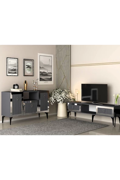 DEMONTE DECOR LİNDA TV SEHPASI ve KONSOL 2'Lİ SALON TAKIMI ANTRASİT-GÜMÜŞ