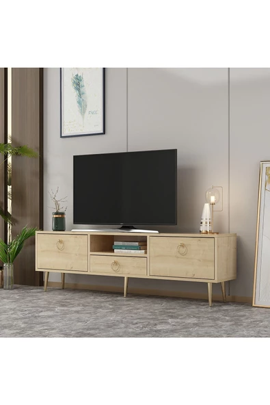 DEMONTE DECOR 2 Kapaklı, Raflı Ve Çekmeceli Drop Tv Ünitesi Safirmeşe-altın