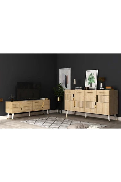 DEMONTE DECOR Moda Tv Ünitesi Ve Konsol 2'li Salon Takımı Safirmeşe Altın