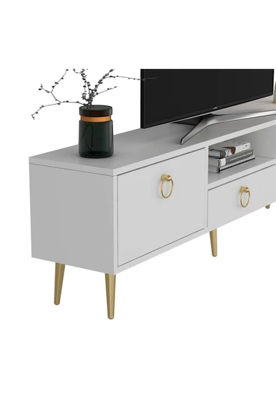 DEMONTE DECOR 2 Kapaklı, Raflı Ve Çekmeceli Drop Tv Ünitesi Beyaz-altın - 3