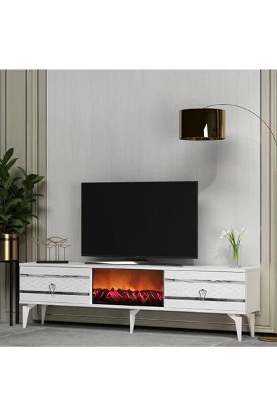 DEMONTE DECOR PELİN TV SEHPASI ŞÖMİNELİ BEYAZ-GÜMÜŞ - 2