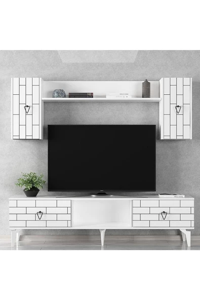 DEMONTE DECOR 4 Kapaklı, 2 Raflı Varna Tv Ünitesi Takım Beyaz-beyaz