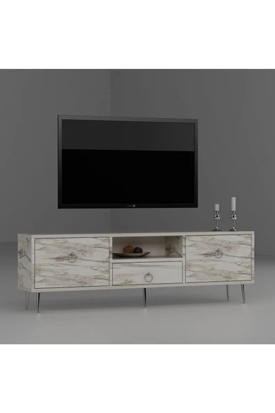 DEMONTE DECOR 2 Kapaklı, Raflı Ve Çekmeceli Drop Tv Ünitesi Efesmermer-Gümüş - 5