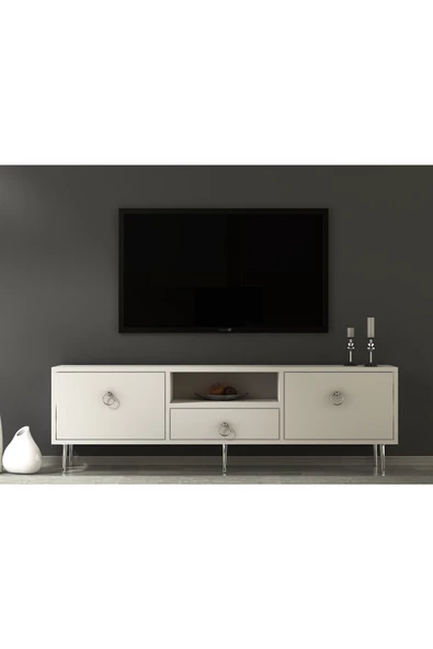 DEMONTE DECOR 2 Kapaklı, Raflı Ve Çekmeceli Drop Tv Ünitesi Beyaz-Gümüş