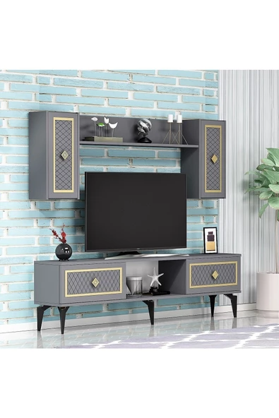 DEMONTE DECOR 4 Kapaklı, 2 Raflı Herry Tv Ünitesi Takım Antrasit-altın - 2