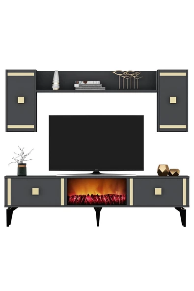 DEMONTE DECOR DORUK ŞÖMİNELİ TV ÜNİTESİ ANTRASİT ALTIN - 3