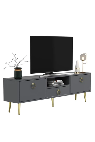 DEMONTE DECOR 2 Kapaklı Raflı Ve Çekmeceli Drop Tv Sehpası Tv Ünitesi Antrasit-altın - 2