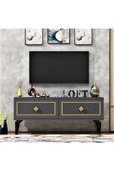 DEMONTE DECOR KAREL TV SEHPASI  ve KONSOL 2'Lİ SALON TAKIMI ANTRASİT-ALTIN - 2