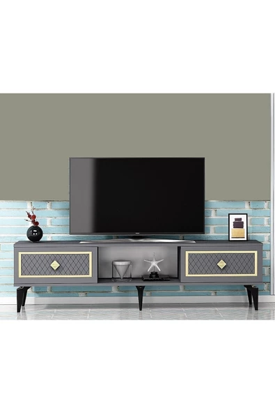 DEMONTE DECOR 2 Kapaklı, Raflı Herry Tv Sehpası Alt Modül Antrasit-altın