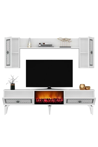 DEMONTE DECOR Herry Tv Ünitesi Şömineli Takım Beyaz Gümüş - 5