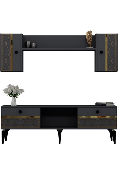 DEMONTE DECOR ALLEGRO TV ÜNİTESİ TAKIMI ANTRASİT-ALTIN (CEVİZ DESEN) - 3