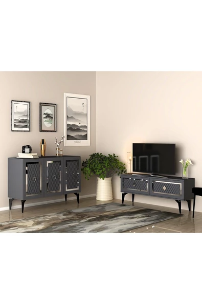 DEMONTE DECOR KAREL TV SEHPASI  ve KONSOL 2'Lİ SALON TAKIMI ANTRASİT-GÜMÜŞ