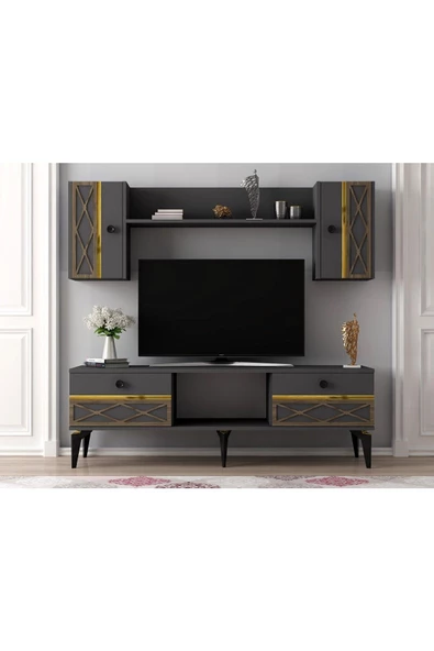 DEMONTE DECOR ALLEGRO TV ÜNİTESİ TAKIMI ANTRASİT-ALTIN (CEVİZ DESEN)