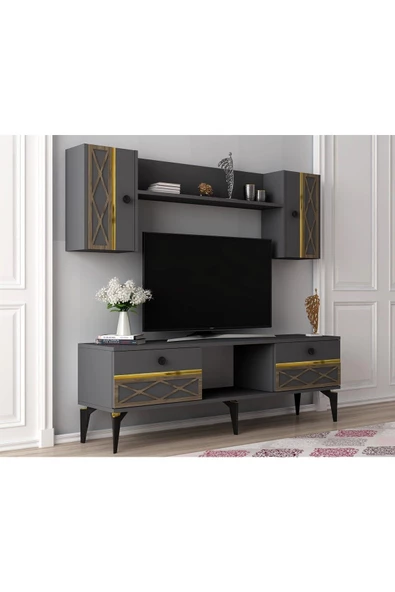 DEMONTE DECOR ALLEGRO TV ÜNİTESİ TAKIMI ANTRASİT-ALTIN (CEVİZ DESEN) - 2