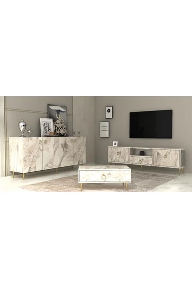 DEMONTE DECOR DROP TV ÜNİTESİ,KONSOL ve ORTA SEHPA 3'LÜ SALON TAKIMI EFESMERMER-ALTIN