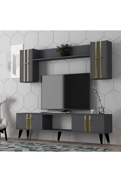 DEMONTE DECOR ASSEL TV ÜNİTESİ TAKIMI ANTRASİT-ALTIN