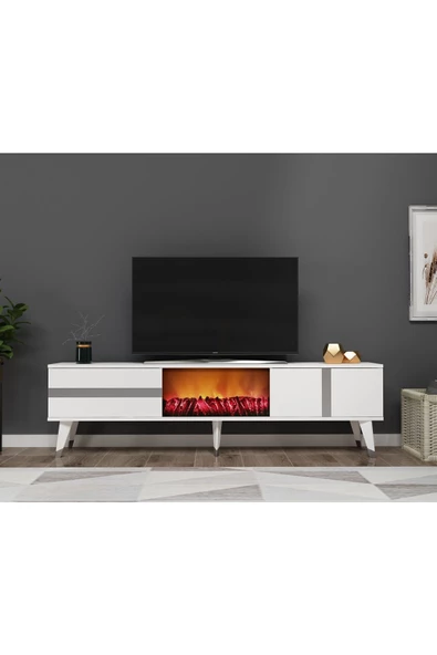 DEMONTE DECOR Vania Tv Sehpası Şömineli (ALT MODÜL) Beyaz Gümüş